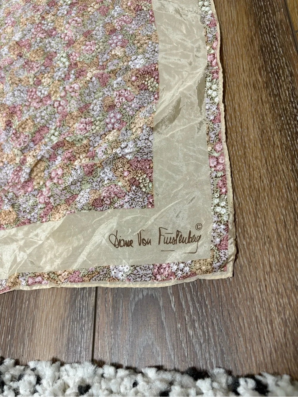 Vintage Diane Von Furstenberg Cream & Pink Floral square silk scarf 70s